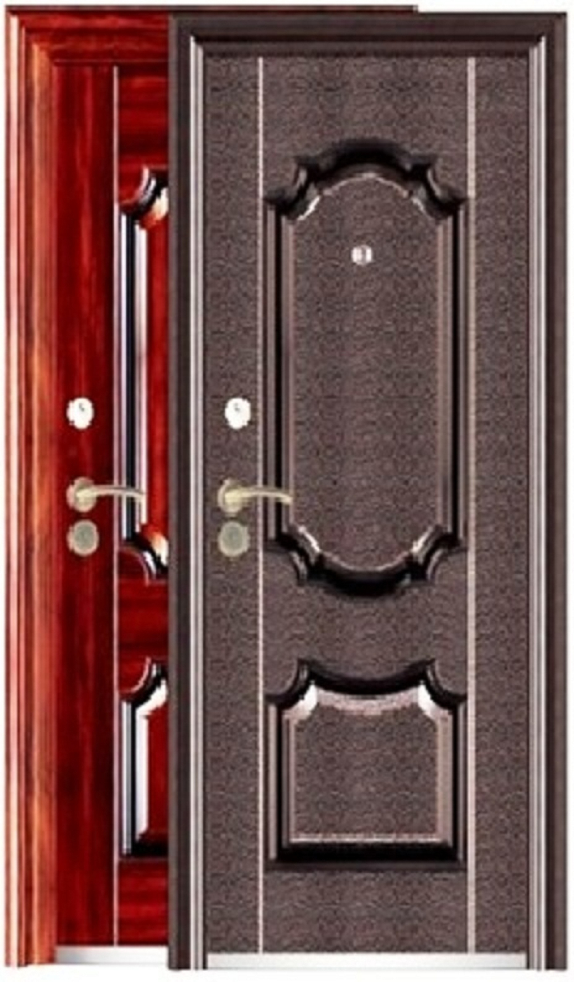 EXCLUSIVE STEEL DOORS : 
high quality steel door of each weighing minimum 65 kg with frame with wooden finish and looks. There are variety of products available so for more detail plz contacts us or else.
Features:
1) Material: cold-rolled steel
2) Thickness of the door leaf: 5cm7cm10cm
3) Frame outer sizes (H x W):
a) 2,050 x 960mm
b) 2,050 x 860mm
c) 1,970 x 860mm
d) 1,970 x 960mm
4) Accessories: adjustable reinforced hinges, specialty multi-point lock, handles,
peephole, hidden doorbell, rubber seal and magnetic seal, doorbell, installing
bolts, stainless steel threshold
5) Infilling: honeycomb material
6) Opening direction: inward  outward
7) Opening degree: 90 degrees, 180 degrees
8) Lock handle position: on left  on right
9) Colors: diversified colors available
10) Applicable for the entrance of houses or flats
11) Can also be used as room door
12) Suitable for different wall thickness
13) Shockproof, soundproof, warmth preserved, anti-pry, anti-drill, moisture proof,
guards against theft
14) Environmentally friendly
15) Bright, lustrous and durable appearance
16) OEM service available
